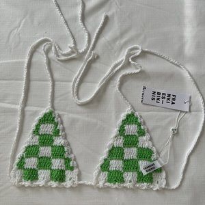 Frankies Bikinis Green Checkered Crochet Triangle Bikini Top